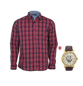 Mens Classy Maroon,Navy Checked Long Sleeved Shirt + FREE Watch